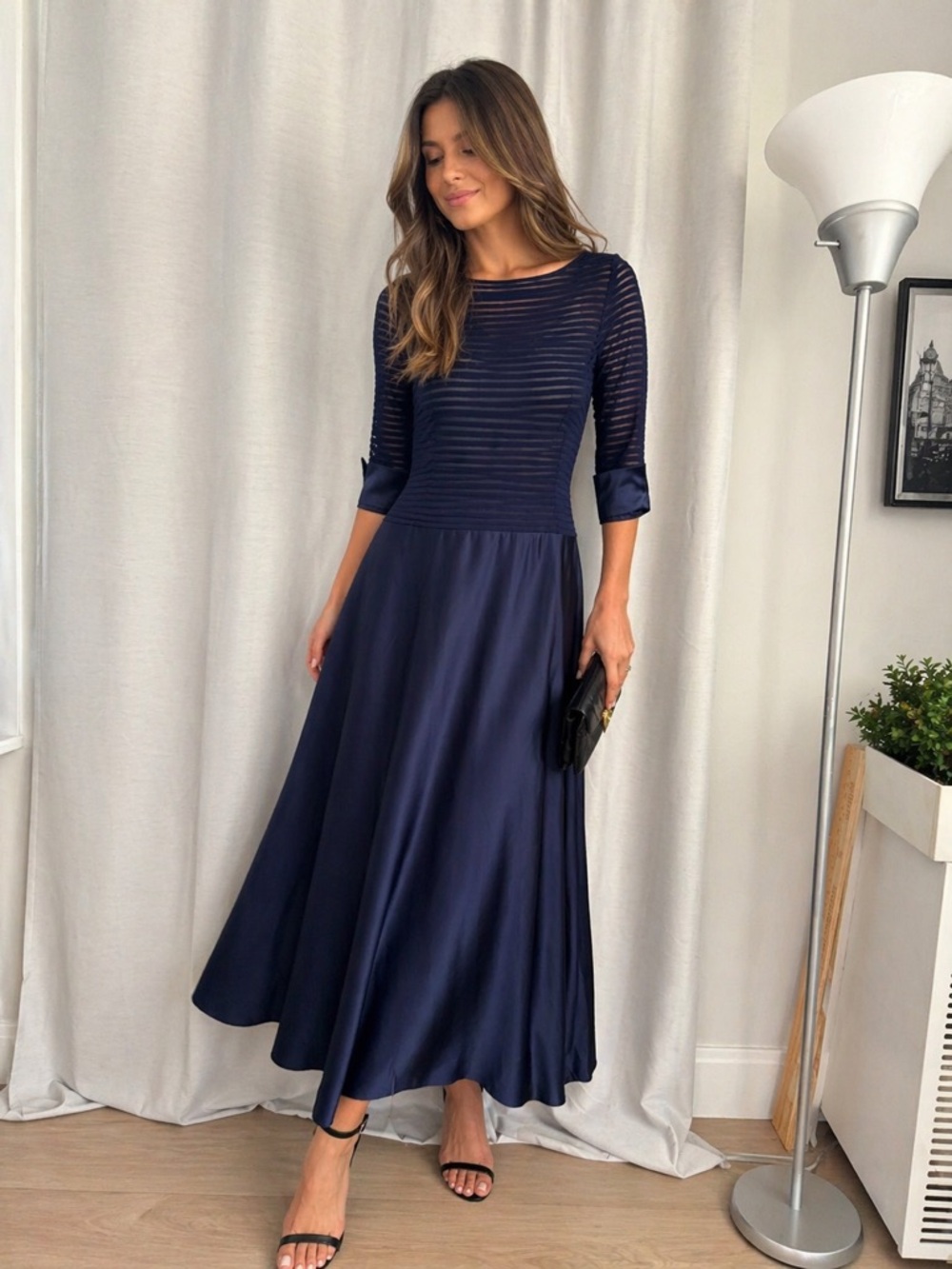 JS Collections Navy Blue Maxi Dress with Sheer Stripe Bodice3/4 Sleeve Formal
